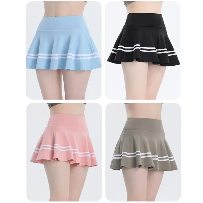 Stripe Summer Running Shorts Built-in Side Pocket False 2 Pieces Tennis Mini Skirt Cooling Quick Dry Breathable Yoga Skirt Women - Image 6