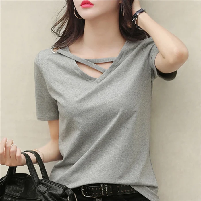 BIGSWEETY Women's Short Sleeve White T-shirt Women's V-neck Loose Korean Black Blouse Casual Ins T-shirt Sweater 2024 New - Image 4