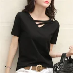 BIGSWEETY Women's Short Sleeve White T-shirt Women's V-neck Loose Korean Black Blouse Casual Ins T-shirt Sweater 2024 New - Image 3