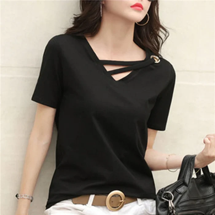 BIGSWEETY Women's Short Sleeve White T-shirt Women's V-neck Loose Korean Black Blouse Casual Ins T-shirt Sweater 2024 New - Image 3