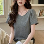 New Summer Women's Solid Color V-neck T-shirt Short-sleeved Loose Shirt Casual Simple Women's Basic Women's Look Slim Everything - Image 6