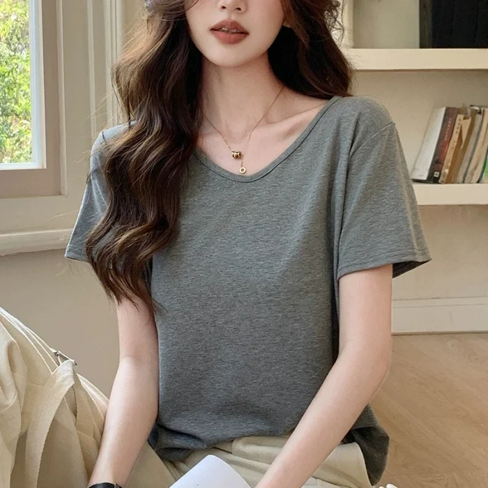 New Summer Women's Solid Color V-neck T-shirt Short-sleeved Loose Shirt Casual Simple Women's Basic Women's Look Slim Everything - Image 6