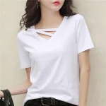BIGSWEETY Women's Short Sleeve White T-shirt Women's V-neck Loose Korean Black Blouse Casual Ins T-shirt Sweater 2024 New - Image 2