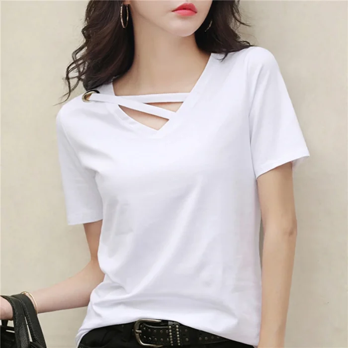 BIGSWEETY Women's Short Sleeve White T-shirt Women's V-neck Loose Korean Black Blouse Casual Ins T-shirt Sweater 2024 New - Image 2