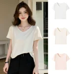 New Summer Women's Solid Color V-neck T-shirt Short-sleeved Loose Shirt Casual Simple Women's Basic Women's Look Slim Everything