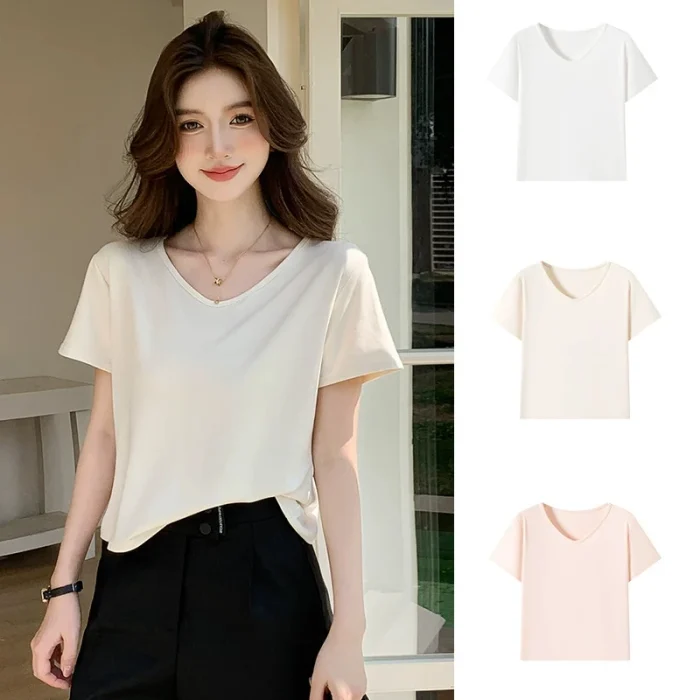 New Summer Women's Solid Color V-neck T-shirt Short-sleeved Loose Shirt Casual Simple Women's Basic Women's Look Slim Everything - Image 1