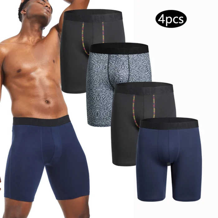 4pcs long Men's underpants Sports Leggings Boxer shorts mens polyester underwear man Quick-drying boxer for men Bottom Shorts - Image 1