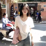 New Summer Women's Solid Color V-neck T-shirt Short-sleeved Loose Shirt Casual Simple Women's Basic Women's Look Slim Everything - Image 2