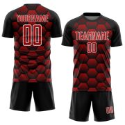 Custom Black Red-White Hexagons Pattern Sublimation Soccer Uniform Jersey - Image 2