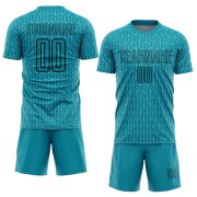 Custom Teal Black Geometric Pattern Sublimation Soccer Uniform Jersey - Image 2