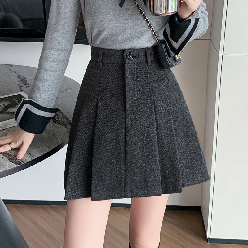 kf-S005a42d407dc4704a4274411a9576045a Seoulish High Waist Vintage Woolen Women's A-line Short Skirts 2025 New Vintage Autumn Winter Pleated Casual Skater Mini Skirts - Image 1