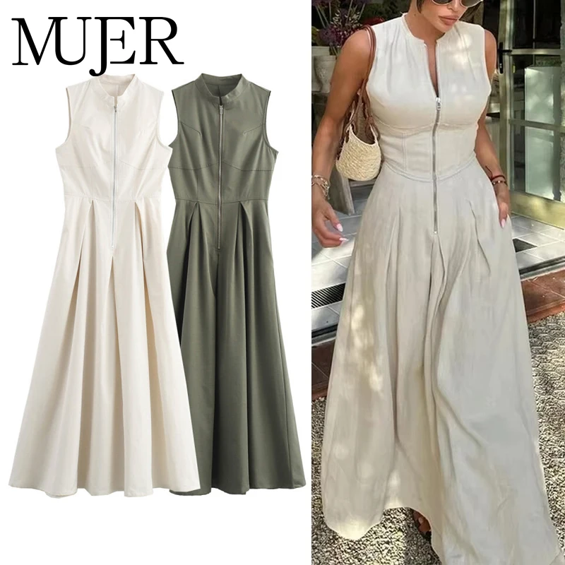 kf-S10850b2680884d149a137337f5fa82970 MUJER Zipper Long Dress Woman Pleated Sleeveless Bodycon Dress Summer Elegant Party Dresses For Women 2025 New Midi Dresses - Image 1
