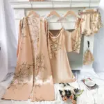 5pcs Floral Print Long Sleeve Robe Cami Dress Cami Top Ruffle Hem Shorts Simple Pajamas Sets for Women