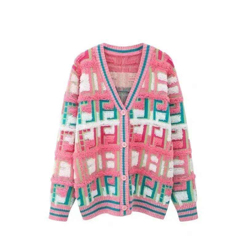 kf-S2de2ab3623b841bf8b249d4bd5c1f15aB Women Long Sleeve Sweater Cardigan Twist Cable Knitted V-Neck Knitwear Coat Button Down Rainbow Jacket - Image 1