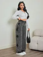2025 autumn new women's jeans, tie-dye contrast washing, elastic waist, high waist straight jeans - Image 6