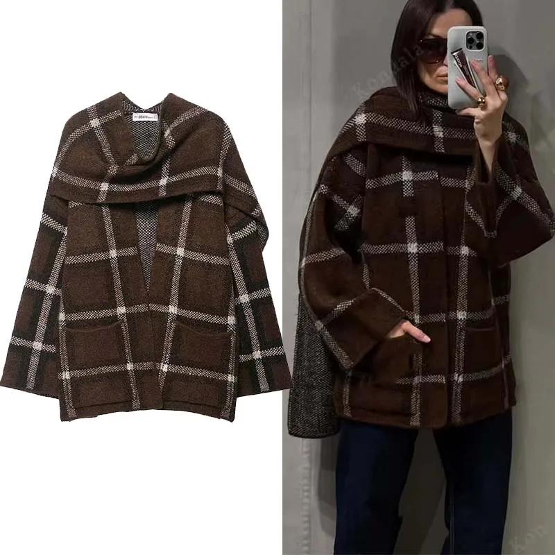 kf-S3f05bb76afee411a9d9fa259a5c1b322K 2025 New Women Fashion Plaid Knitted Cardigans Long Sleeve Scarf Collar Sweater Cardigan Autumn Winter New Style Knitwear Coat - Image 1