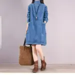 Women Autumn Winter Dress New Retro Corduroy Vestidos Add Velvet High Neck Dress Mid-Length Loose Pullover Sweater Female 2025 - Image 4