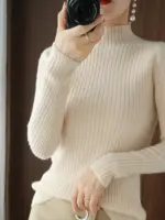 Women Sweater Autumn Winter Thick Warm Slim Fit Sweaters Solid Long Sleeve Fashion Korean Jumpers Half High Collar Knitwears - Image 3