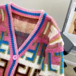 Women Long Sleeve Sweater Cardigan Twist Cable Knitted V-Neck Knitwear Coat Button Down Rainbow Jacket - Image 4