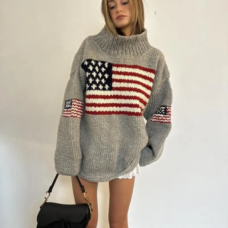 kf-S6556577e3e1c4504b4dd45b7d9a744c4R European and American autumn and winter design sense flag print knit sweater casual loose round neck pullover sweater - Image 1