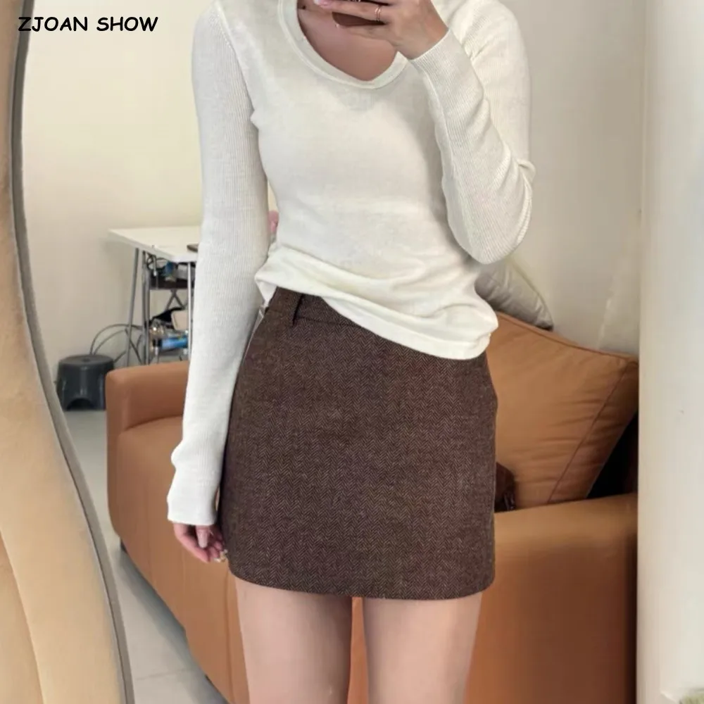 kf-Sde444b9ffe12480683539cbfc3e31560C 2024 Autumn Winter Soft Woolen High Waist Mini Skirt Women A-line Package Hips Short Skater Party Femme Camel Gray - Image 1
