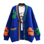 Blue Acrylic Knit V-Neck Letter Flower Casual Women's Cardigan Sweater Single Breasted Cardigan For Women Clothing Thick Winter - Image 4