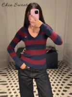 Casual Women's Striped Knitted Sweater V-neck Full Sleeve Slim All-match Pullover Female 2026 Spring Lady Chic Commute Knitwears - Image 5