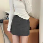 2024 Autumn Winter Soft Woolen High Waist Mini Skirt Women A-line Package Hips Short Skater Party Femme Camel Gray - Image 2