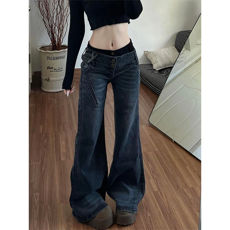 kf-Sf729a5749b84418e8fabf25282db3b6an American Style Spicy Girl Design with Patchwork Micro Flared Jeans Women's Retro Washed Vintage Versatile Pants - Image 1